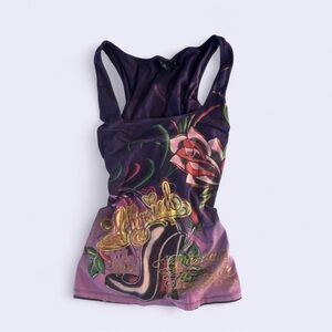 Christian Audigier Purple Floral Tank Top